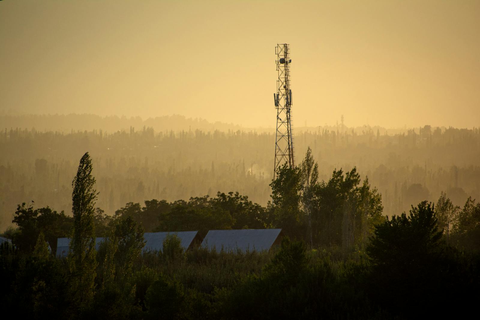 Torre de telecomunicaciones en una zona rural al atardecer.